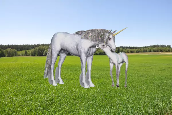 Un bebé unicornio con su madre en un prado