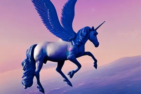 Un elegante unicornio con alas volando al atardecer