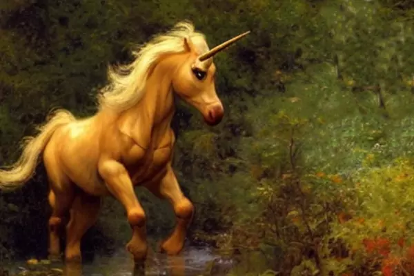 Un unicornio real de color marrón vadea un río