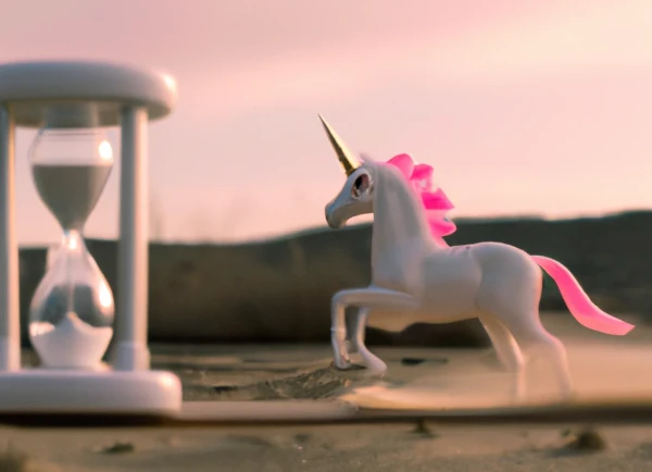 Un unicornio correindo hacia un reloj de arena