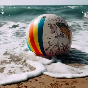 Una pelota de playa de unicornios en la orilla del mar