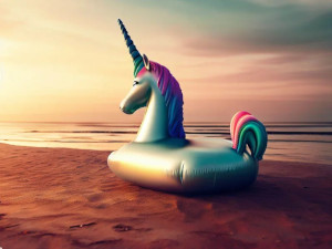 Un flotador gigante de unicornio en la orilla de una playa al atardecer
